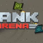 Tanques pixelados de colores verde, azul y negro alrededor del texto TANK ARENA sobre un fondo marrón