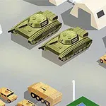 Escena de una base militar con tanques verdes y vehículos militares cerca de estructuras blancas