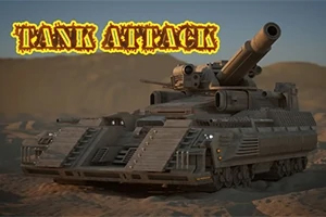 Tanque futurista en un paisaje desértico con el texto Tank Attack en la parte superior