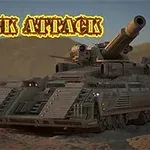 Tanque futurista en un paisaje desértico con el texto Tank Attack en la parte superior