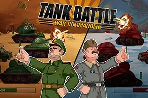 Dos comandantes de aspecto caricaturesco apuntando con el dedo en primer plano, con tanques de guerra verdes y rojos disparando en el fondo