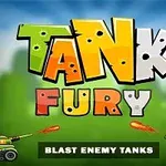 Texto colorido Tank Fury con tanques disparando proyectiles en un fondo verde y azul