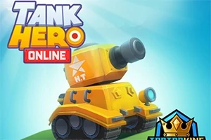 Un tanque amarillo estilizado con un cañón en un ambiente colorido, con un cielo azul y logotipos en las esquinas superiores