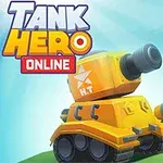 Un tanque amarillo estilizado con un cañón en un ambiente colorido, con un cielo azul y logotipos en las esquinas superiores
