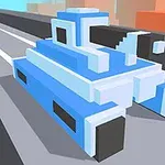 Tanque azul de estilo voxel en una carretera con edificios al fondo