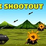 Tanque en un campo de batalla verde con montañas al fondo, disparando proyectiles que causan explosiones