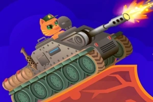 Gato con gorra conduciendo un tanque que dispara llamas desde su cañón sobre un terreno inclinado, con un fondo azul