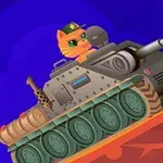 Gato con gorra conduciendo un tanque que dispara llamas desde su cañón sobre un terreno inclinado, con un fondo azul
