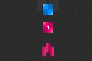 Cuadrado azul, número rosa 1 y figura rosa pixelada sobre fondo oscuro