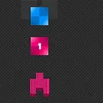 Cuadrado azul, número rosa 1 y figura rosa pixelada sobre fondo oscuro
