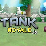 Tanque rosa en un campo verde con paredes de piedra y texto que dice TANK ROYALE