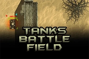 Un tanque militar junto a un muro en un paisaje desértico con la frase Tanks Battlefield en el centro