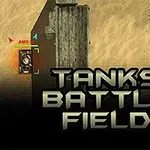 Un tanque militar junto a un muro en un paisaje desértico con la frase Tanks Battlefield en el centro