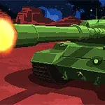 Tanque verde disparando en un paisaje extraterrestre pixelado con cielo estrellado y formaciones rocosas