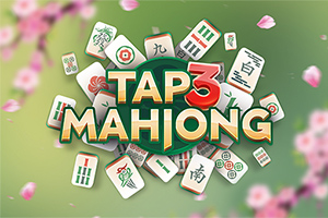 Título con piezas de Mahjong sobre un fondo verde con flores rosadas