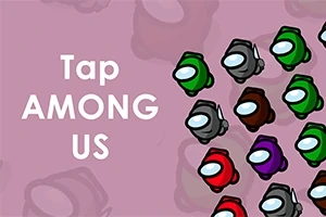 Personajes espaciales multicolores con cascos blancos sobre un fondo rosa, junto al texto Tap AMONG US