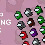 Personajes espaciales multicolores con cascos blancos sobre un fondo rosa, junto al texto Tap AMONG US