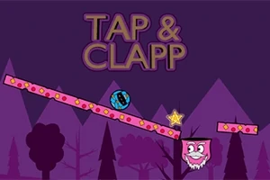 Bola azul y cubo rosa con caras sonrientes en un fondo de bosque púrpura con texto Tap & Clapp
