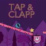 Bola azul y cubo rosa con caras sonrientes en un fondo de bosque púrpura con texto Tap & Clapp