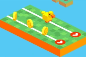 Pájaro amarillo pixelado en una pista verde recolectando monedas doradas