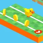 Pájaro amarillo pixelado en una pista verde recolectando monedas doradas