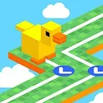 Pájaro amarillo de bloques sobre un camino verde en un entorno de nubes y cielo azul