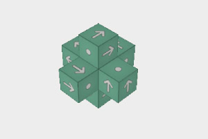 Cubo compuesto por seis bloques verdes con flechas blancas y puntos, sobre fondo gris claro