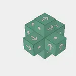 Cubo compuesto por seis bloques verdes con flechas blancas y puntos, sobre fondo gris claro
