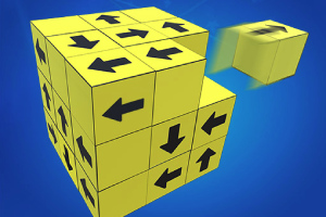 Cubo amarillo con flechas negras en diferentes direcciones, con un cubo pequeño separado a la derecha, sobre un fondo azul