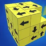 Cubo amarillo con flechas negras en diferentes direcciones, con un cubo pequeño separado a la derecha, sobre un fondo azul