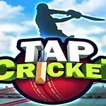 Silueta de un jugador de cricket con un bate sobre fondo de estadio y cielo azul, con el texto Tap Cricket sobre una pelota roja
