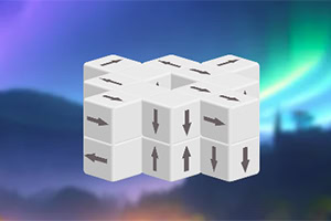 Cubo 3D blanco con flechas grises en cada cara sobre un fondo colorido de auroras