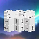 Cubo 3D blanco con flechas grises en cada cara sobre un fondo colorido de auroras