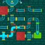 Una red de tuberías de colores conectadas en un patrón sobre un fondo de ladrillos oscuros, con puntuaciones y elementos de bloqueo visibles