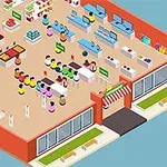 Interior de una tienda con diversas secciones de productos, cajas registradoras y clientes estilizados en un diseño isométrico