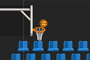 Balón de baloncesto acercándose a un aro con asientos azules al fondo