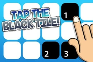 Dibujo de una mano señalando un cuadro negro numerado sobre un fondo de cuadros blancos, con el texto Tap the Black Tile!