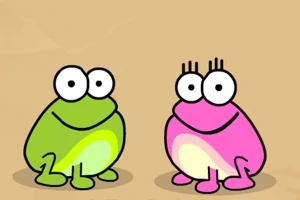 Dos ranas caricaturescas de colores verde y rosa con grandes ojos sobre un fondo beige