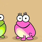 Dos ranas caricaturescas de colores verde y rosa con grandes ojos sobre un fondo beige