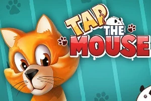 Gato caricaturesco naranja y esponjoso junto al texto Tap the Mouse en un fondo azul con huellas de papas