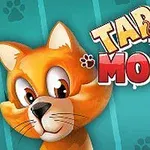 Gato caricaturesco naranja y esponjoso junto al texto Tap the Mouse en un fondo azul con huellas de papas