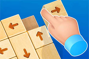 Mano señalando una ficha de madera con flecha, junto a un rompecabezas de bloques deslizables sobre fondo azul