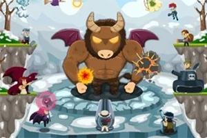 Minotauro gigantesco con alas y puños cerrados rodeado de varios personajes en una escena de batalla sobre un paisaje helado