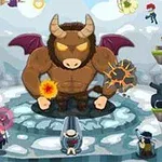 Minotauro gigantesco con alas y puños cerrados rodeado de varios personajes en una escena de batalla sobre un paisaje helado