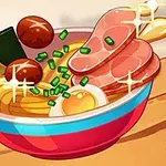Un tazón de ramen colorido con rebanadas de carne, huevo, algas y cebollín, con detalles brillantes