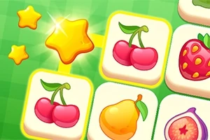 Cerezas, fresas, peras e higos ilustrados en cuadrados sobre un fondo verde, acompañados de estrellas brillantes amarillas