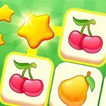 Cerezas, fresas, peras e higos ilustrados en cuadrados sobre un fondo verde, acompañados de estrellas brillantes amarillas