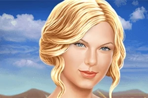 Retrato de una mujer rubia con cabello ondulado y ojos claros, con un paisaje de cielo azul y nubes al fondo
