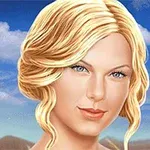 Retrato de una mujer rubia con cabello ondulado y ojos claros, con un paisaje de cielo azul y nubes al fondo