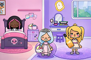 Dos personajes en una habitación infantil decorada con tonos pastel; uno duerme en una cama y otro lleva un vestido y sostiene una botella de jugo